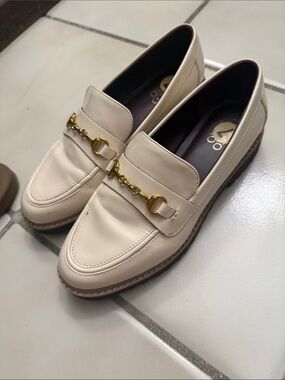 Franco Sarto Cream Leather Loafers with Gold Horsebit